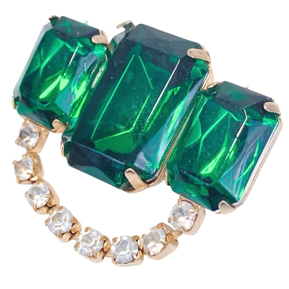 Mid Century Acrylic Rhinestone Brooch Gold Tone Green Pin Geometric Structural